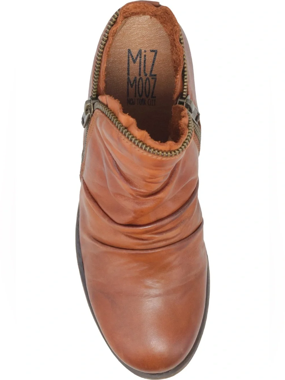 NEW MIZ MOOZ LUNA ZIPPER ANKLE BOOTS IN BRANDY 6.5